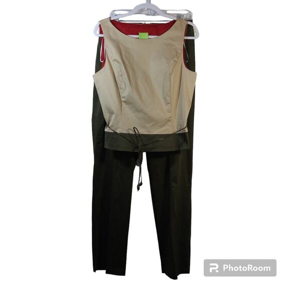 Citrine Green Tan Pants Set Business Casual Safari 2 Piece Set Size 14 - Picture 2 of 16